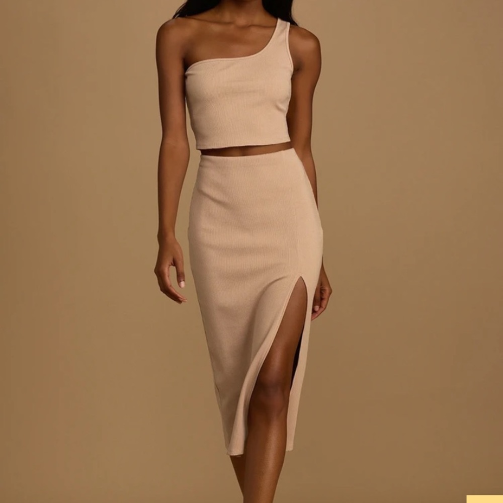 Lulus Tan One Shoulder Ribbed Two Piece Midi Dress Set